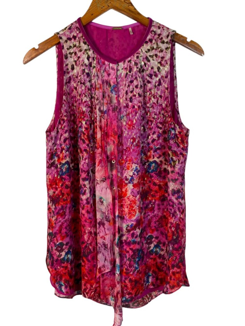 Elie Tahari 93% Silk Metallic Floral Pintuck Sleeveless Blouse Pink M - Picture 2 of 15